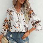 Women's 175summer Autumn Lace Bell Sleeve V Neck Loose Printed Chiffon Shirt