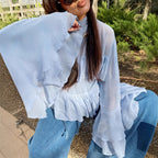 Women's Blue Ruffle High Neck Blouse