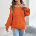 Women Clothing Autumn Winter Cut off Collar off the Shoulder Lantern Sleeve Hollow Out Cutout out Sweater