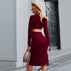 Women's V Neck Socialite Wine Red Dress Korean Velvet Midi For Women