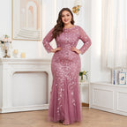 Women's Plus Size Long Sleeve Round Neck Lined Back Zip Fishtail Dress
