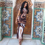 Women's Color Matching Casual Women Round Neck Print Slim Hip Sleeve Holiday Outing Maxi Dress
