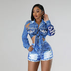 Women's Printed Two Piece Set Long Sleeve Shirt Top Shorts For Women's