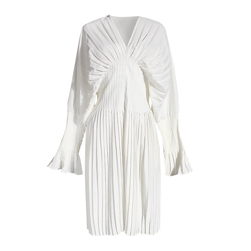 Pleated V-Neck Long-Sleeve Dress