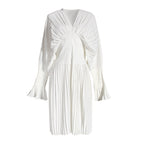 Pleated V-Neck Long-Sleeve Dress