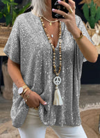 Summer Short-Sleeved Casual Solid Color Loose Pullover Sequined T-shirt Women Clothing