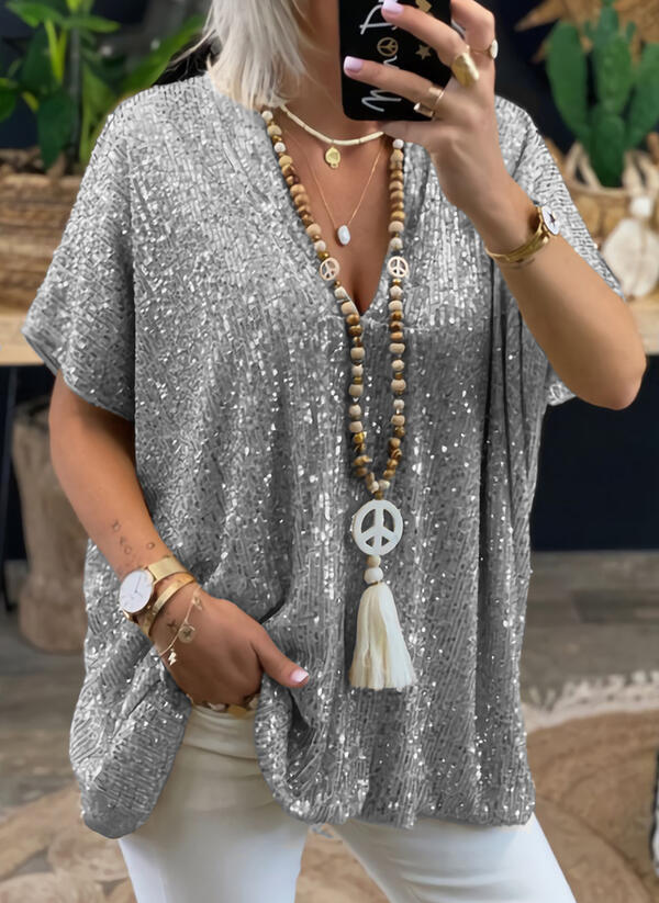 Summer Short-Sleeved Casual Solid Color Loose Pullover Sequined T-shirt Women Clothing
