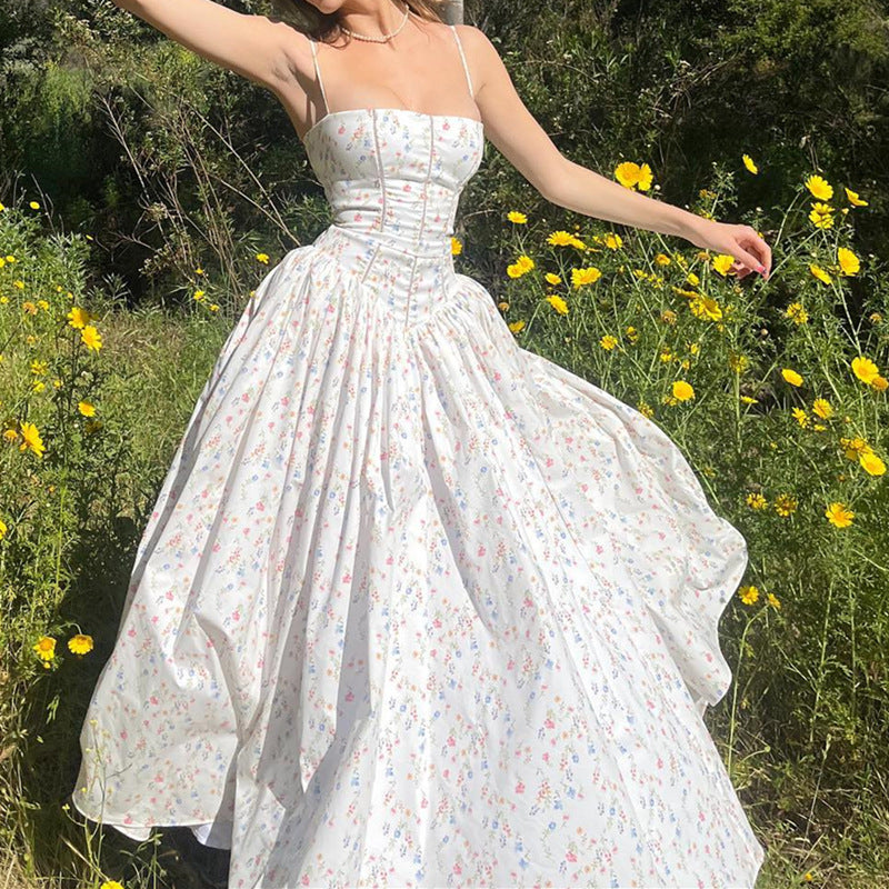 French Pastoral Holiday Floral Strap Maxi Dress