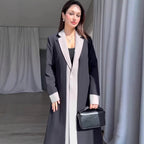 Long Collar Stitching Contrast Color Trench Coat Office Coat