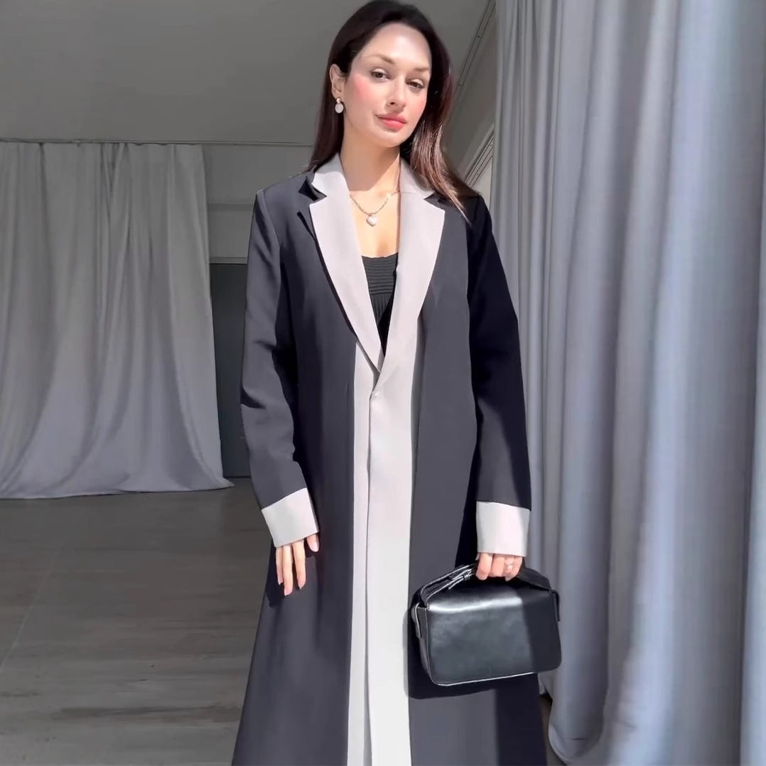 Long Collar Stitching Contrast Color Trench Coat Office Coat