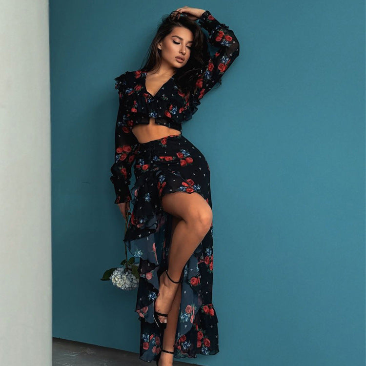 Women's Digital Printing Sexy Suit Long Sleeve Short Top Design Ruffled Slit Sheath Skirt Two Piece Set