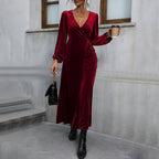 Women's Women's Wine Red Party Party Velvet Mid Length Dress