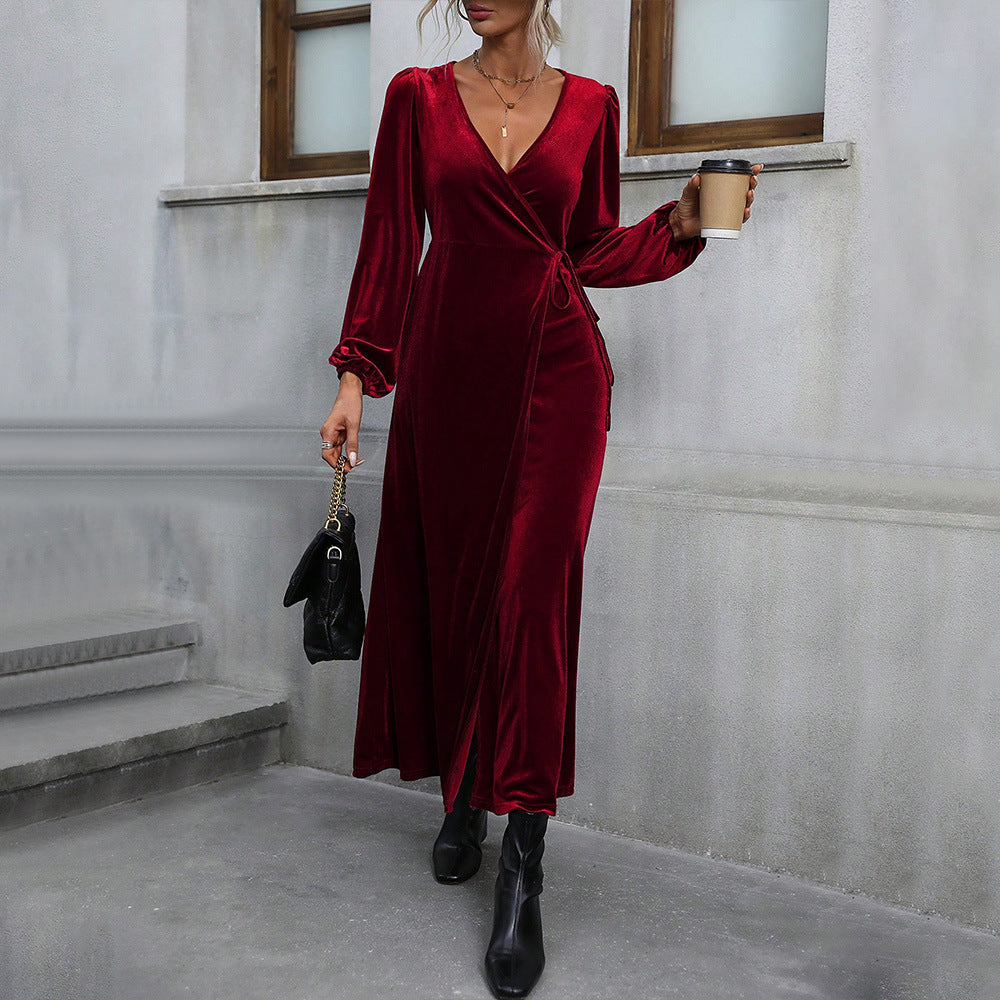 Women's Women's Wine Red Party Party Velvet Mid Length Dress