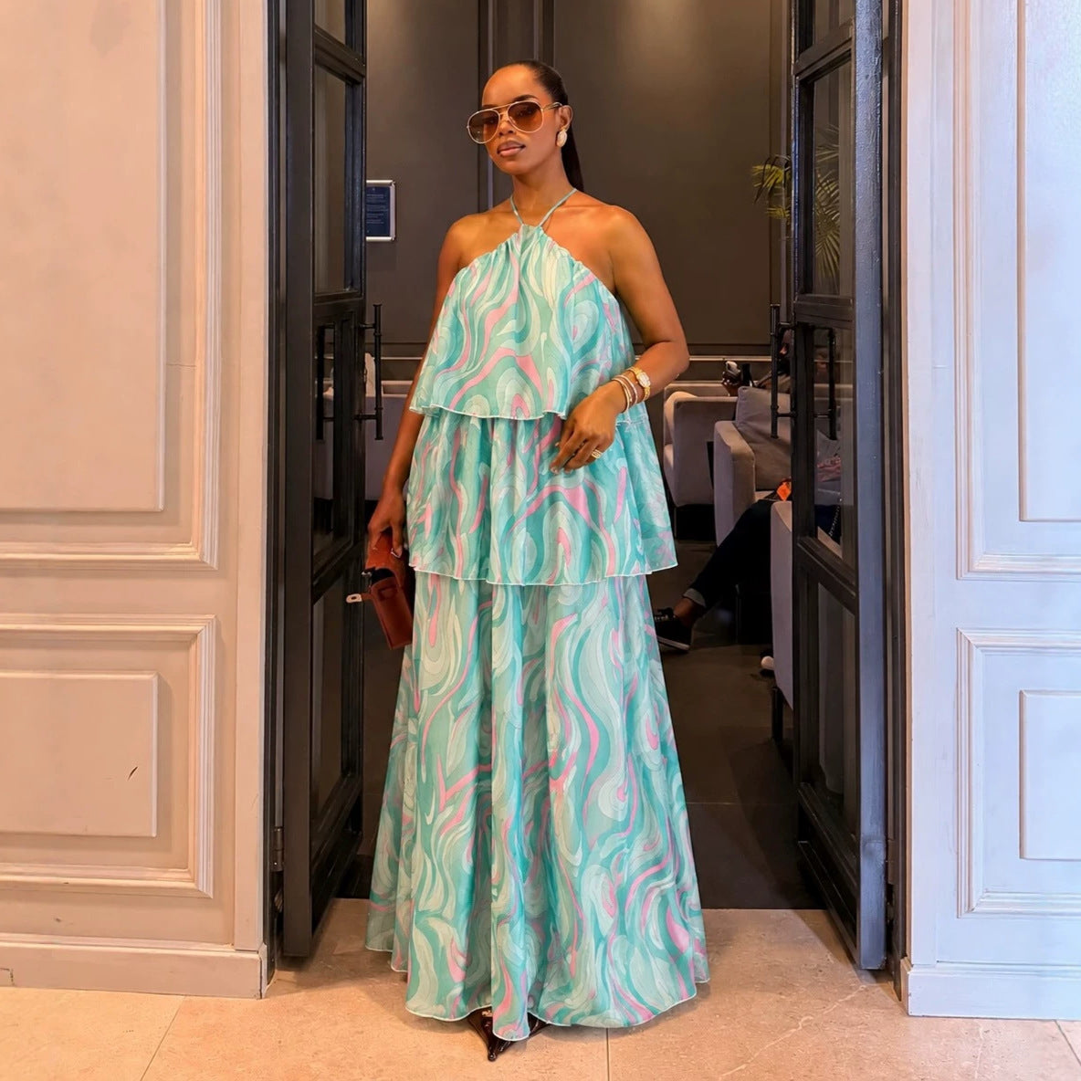 Women's halter tiered maxi dress, turquoise abstract swirl print