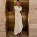 Asymmetric Ruched Short Sleeve Maxi Dress