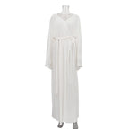 White women's maxi pleated dress on mannequin, V-neck, long flowing sleeves, tied belt