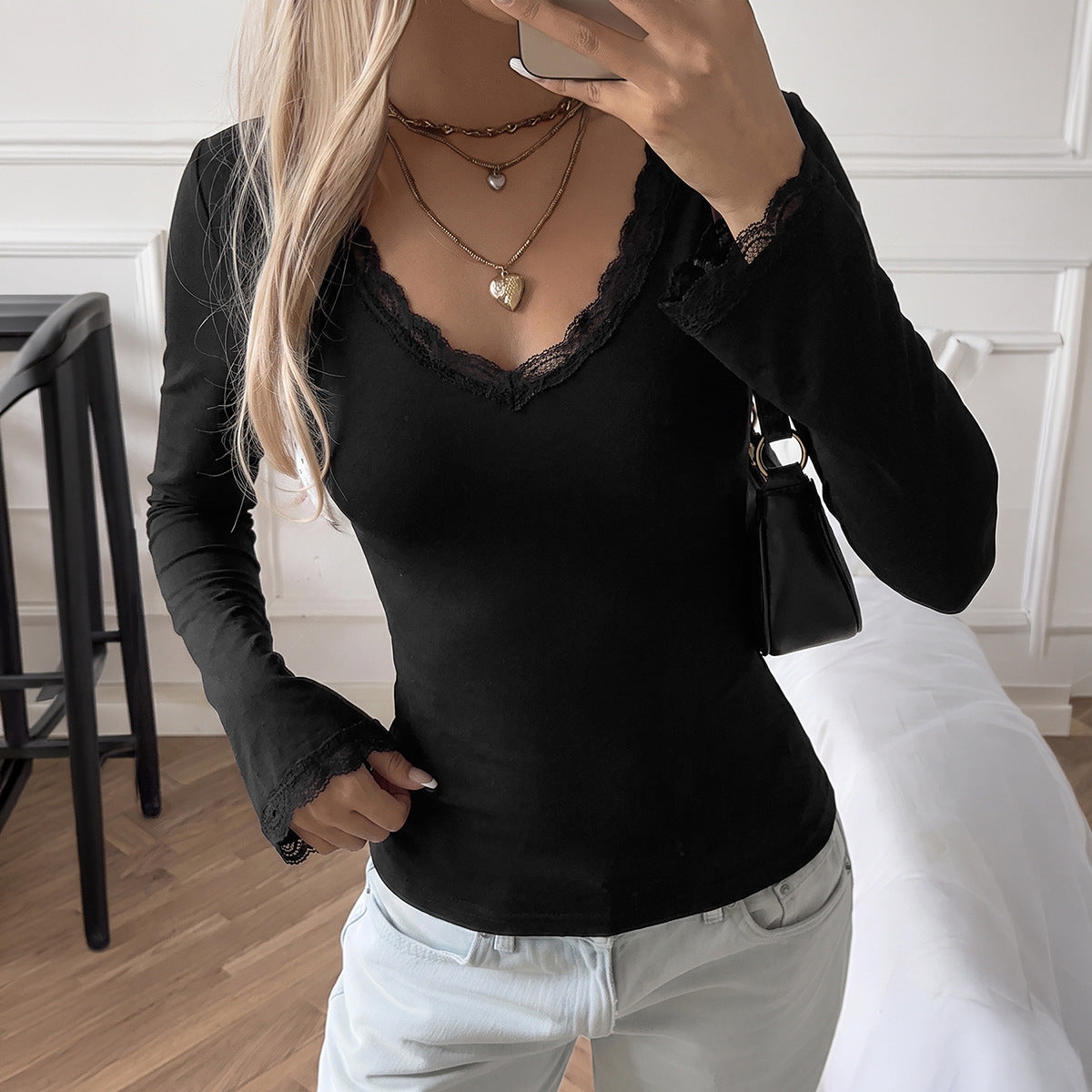 Women's Clothing Autumn V Neck Flared Sleeves Solid Color Slim Fit Top