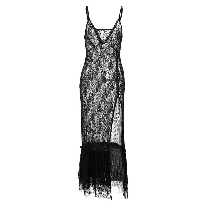 Black Brocade Lace Spaghetti-Strap Maxi Dress