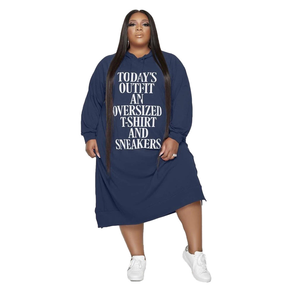 Plus Size Loose Midi Letter Graphic Print Hooded Sweater Dress