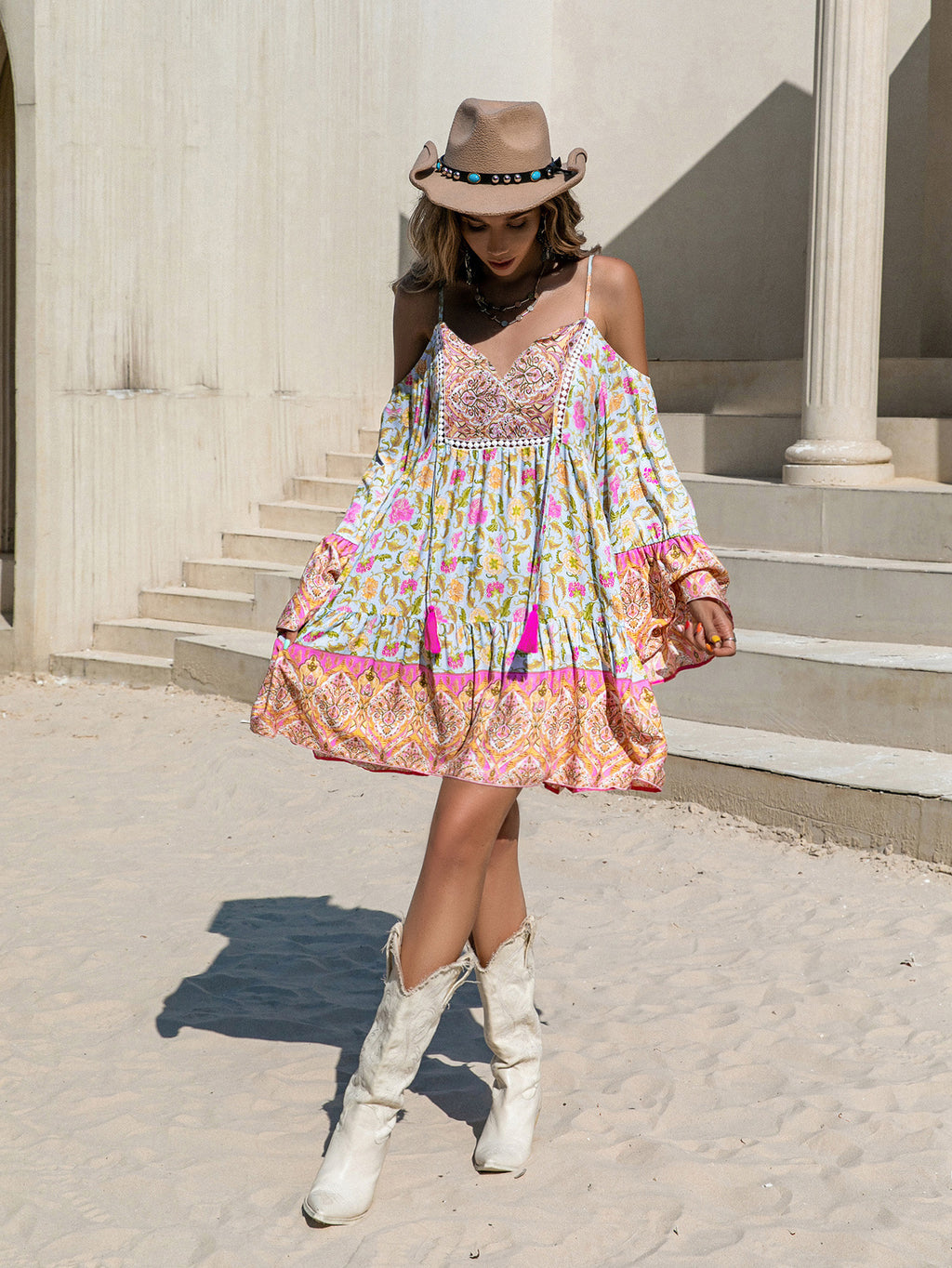 Women's Printed Off-Shoulder Tassel Vacation Dress