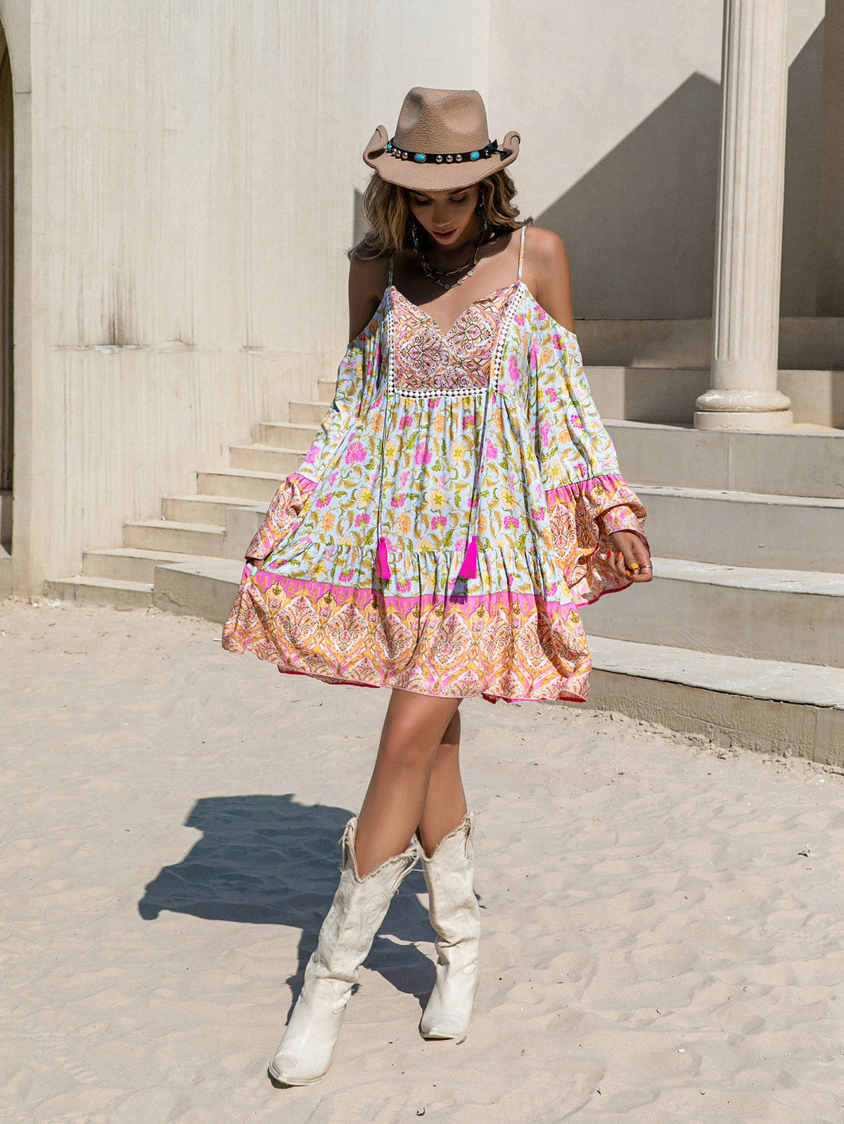 Women's Printed Off-Shoulder Tassel Vacation Dress