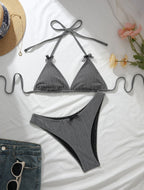Black-and-white check bikini set: bow halter triangle top and high-cut bottoms