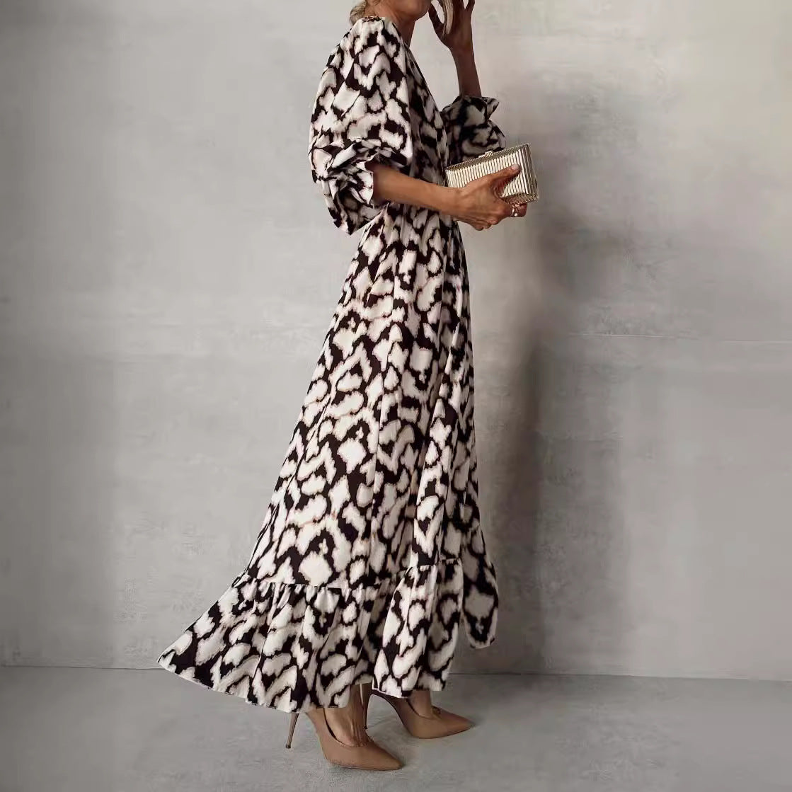 Women's Ruffle-Trim Animal-Print V-Neck Lantern-Sleeve Dress