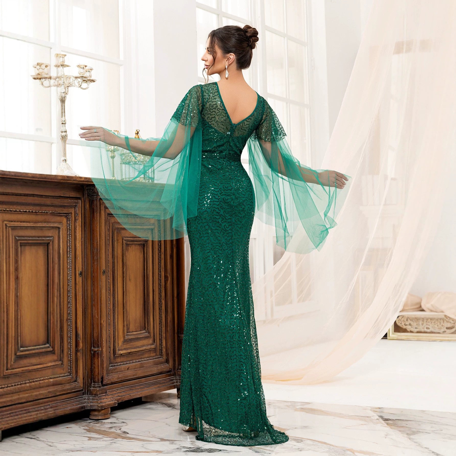 Women's Sequin Long-Sleeve Evening Maxi Dress