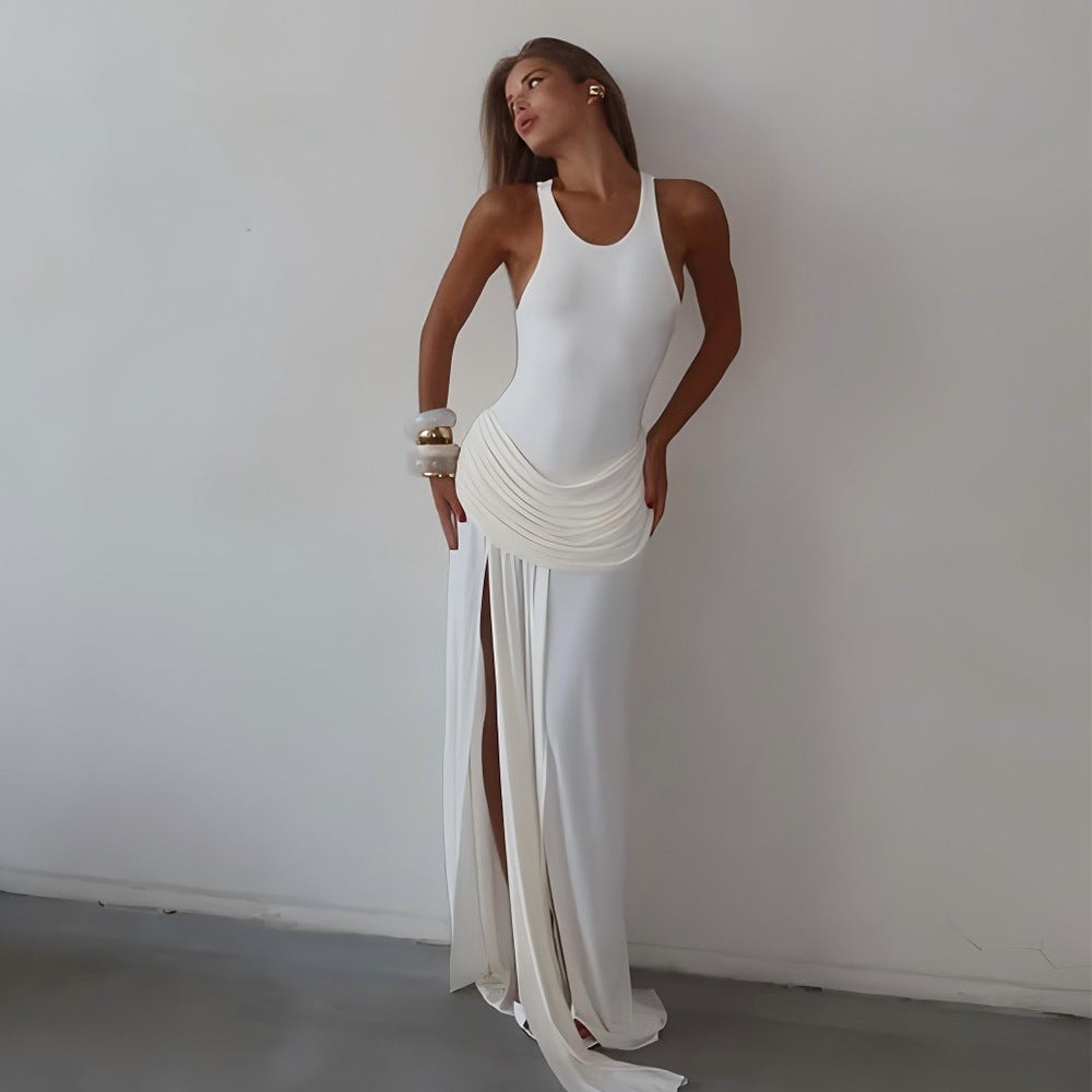 Women's Crew-Neck Ruched Split Sleeveless Maxi Dress