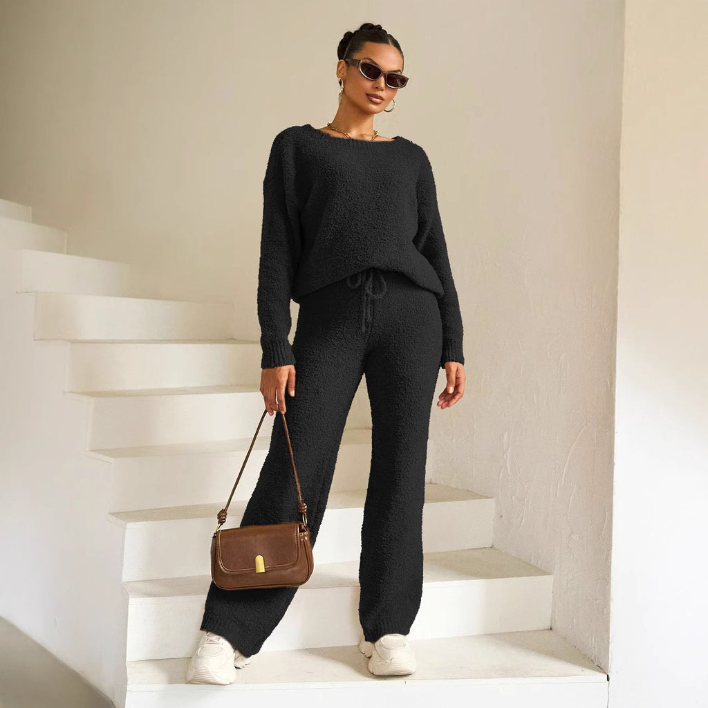 Autumn Winter Solid Color round Neck Long Sleeve Trousers Thick