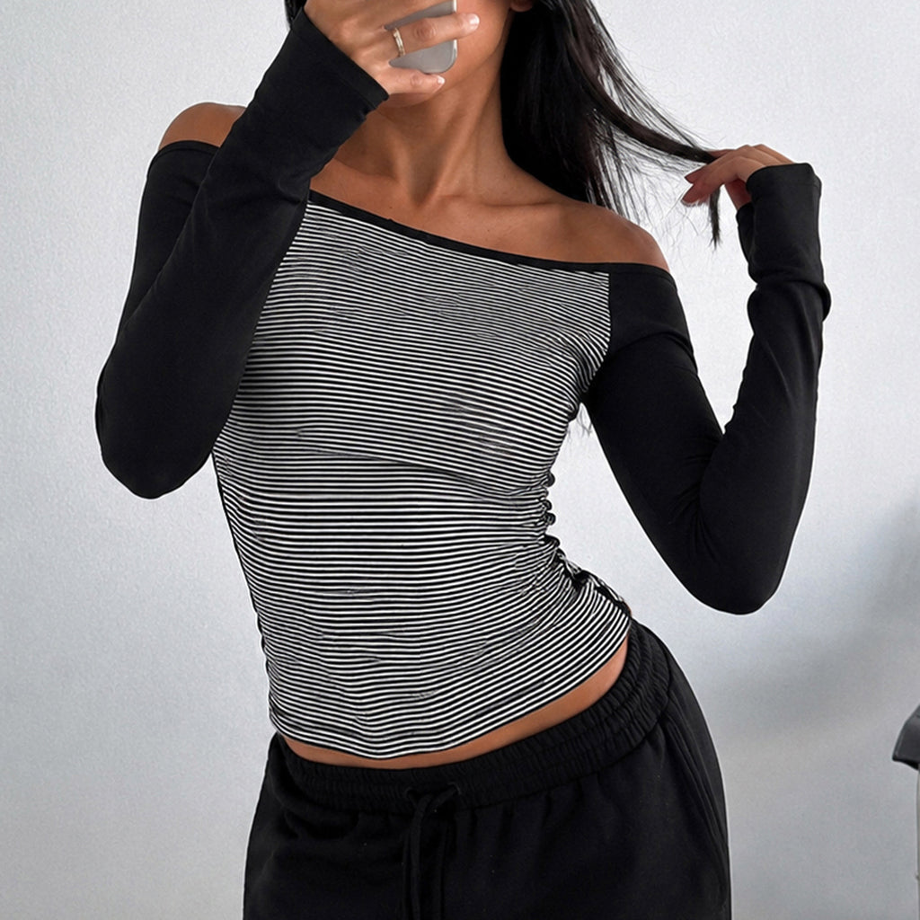 Autumn Winter Contrast Color Striped Long Sleeved Top Basic