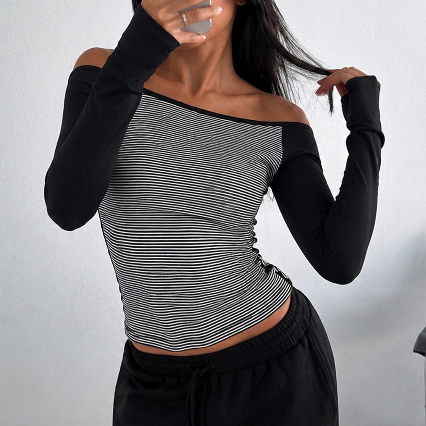Autumn Winter Contrast Color Striped Long Sleeved Top Basic