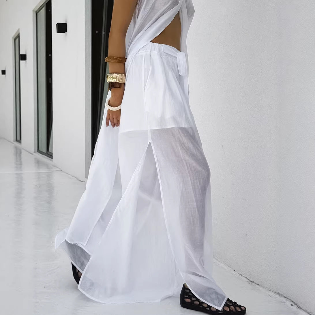 Summer White Tencel Sleeveless Halter Long Vest Pants Two Piece Set Casual Set