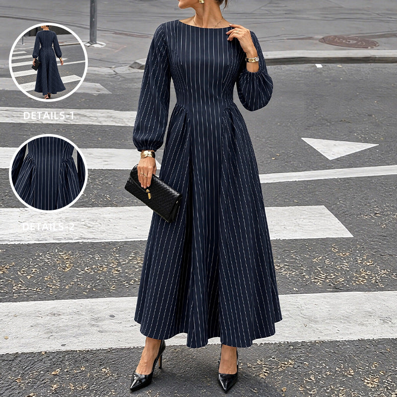 Women's Elegant Round Neck Striped Waist Tight Maxi Dress
