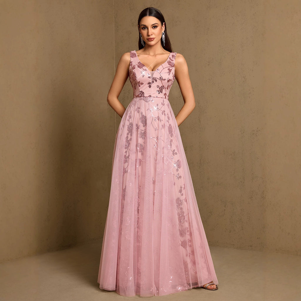 Pink sleeveless sequin evening dress, V-neck with fitted waist and full A-line skirt.
