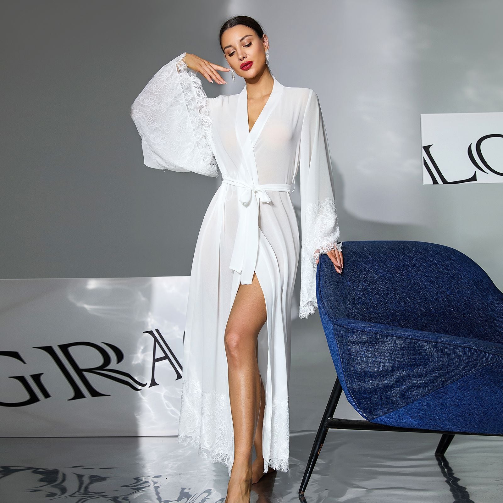 Women's Lace Bell Sleeve Long Robe