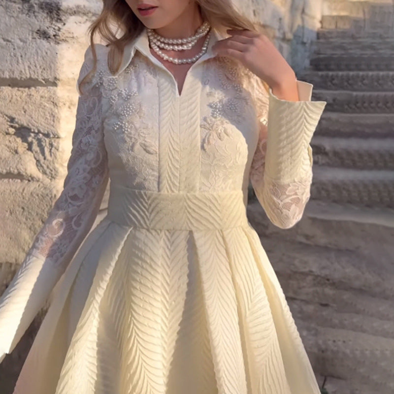 White Lace Sequin Collared Belted Long-Sleeve A-Line Maxi Dress