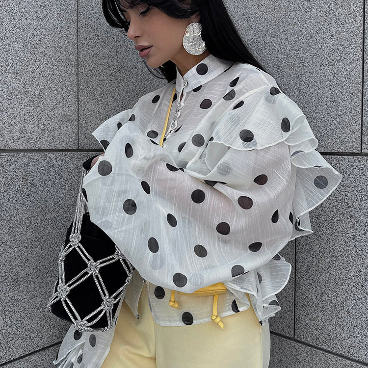 Ruffled Polka-Dot Stand-Collar Shirt