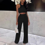 Summer Pants Suit Solid Color Office Sleeveless Vest Casual Two-Piece Set