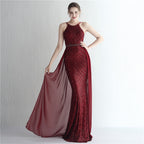 Women's Floral Sequin Chiffon Dress Beaded Halter Elegant Cocktail Long