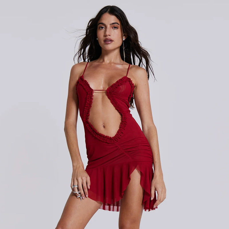 Mesh V-Neck Ruffle Bodycon Mini Dress