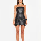 Strapless Belted Faux-Leather Mini Dress
