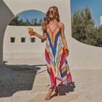 Sleeveless multi-color striped midi dress with V-neck and thin spaghetti straps