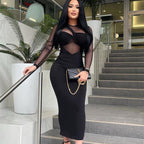 Women's Mesh Long Sleeve Bodycon Midi Dress