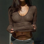 Women’s Brown Rhinestone V Neck Knit Top