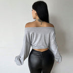 Cropped T Shirt Off Neck Slim Long Sleeve Top Women