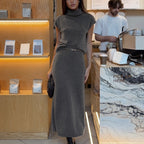 Women's Women's's Spring Summer High Neck Short Sleeve Knit Top With A Fitted Waist Skirt Two Piece Set