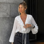 Women's V-Neck Ruffle Lace-Up Blouse