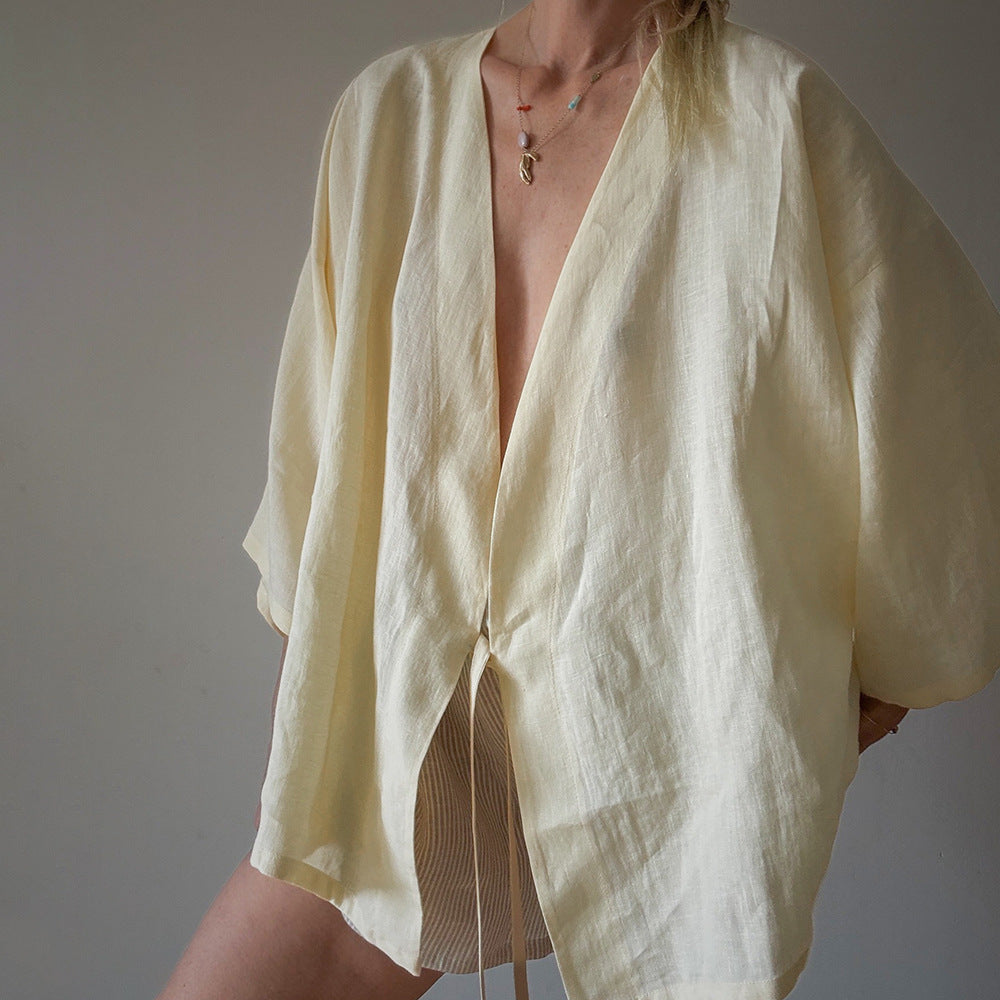 V-Neck Lace-Up Kimono Cardigan Shirt