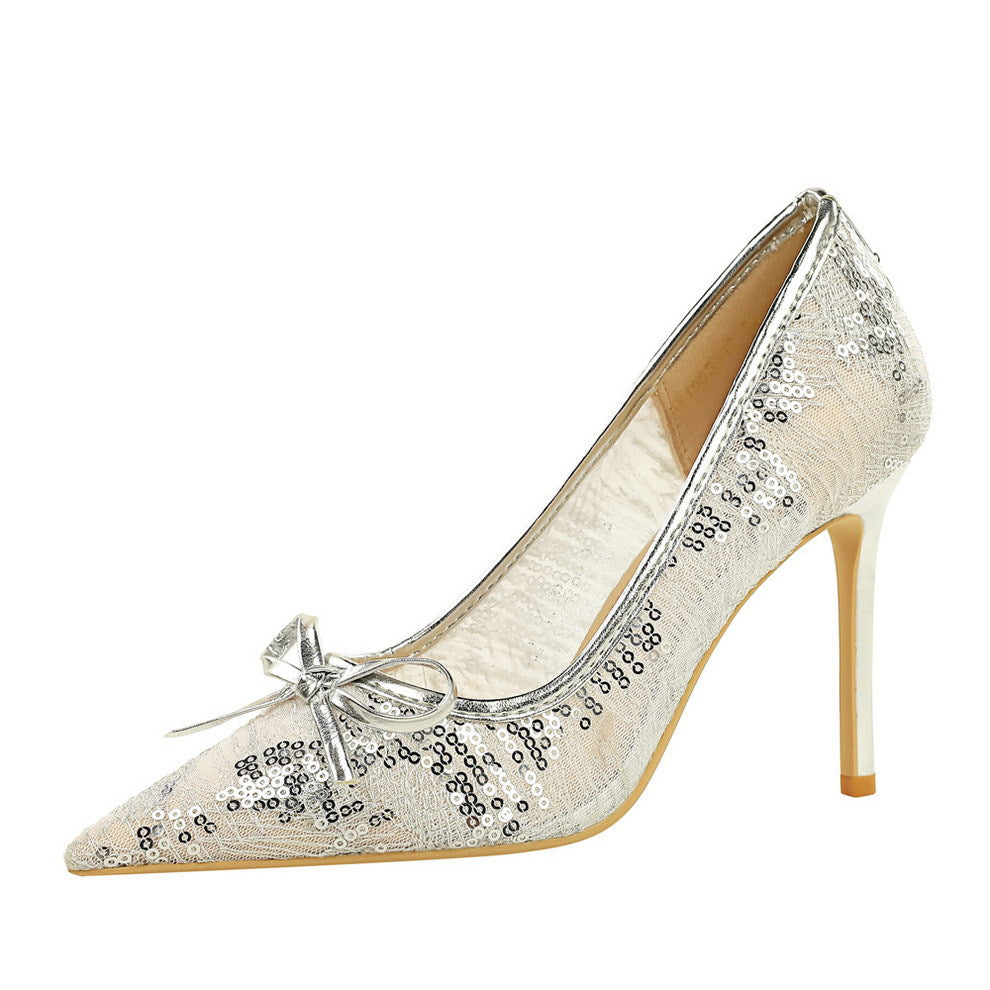 Women's Lace-Decorated Slip-On Pointed-Toe High Heels With Bowknot